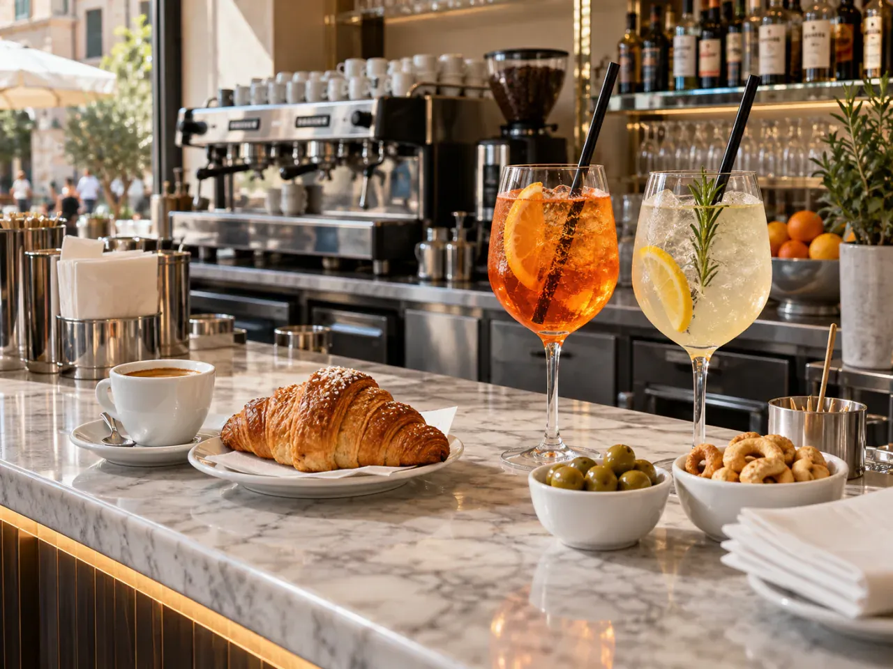 Caffè, bevande e piccoli assaggi salati sul banco bar