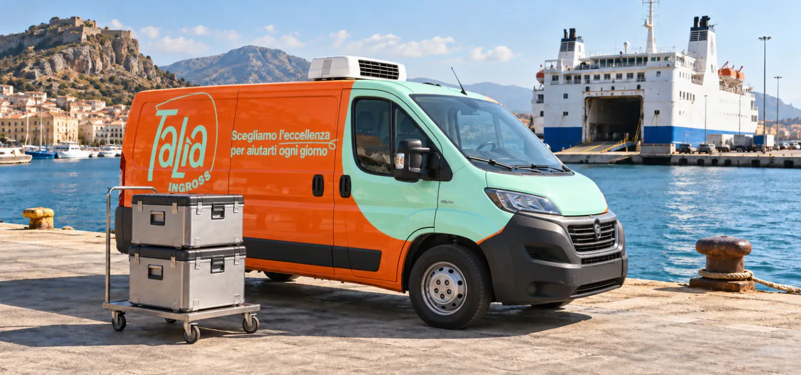 Scena illustrativa di un furgone refrigerato con livrea Talia presso un porto mediterraneo