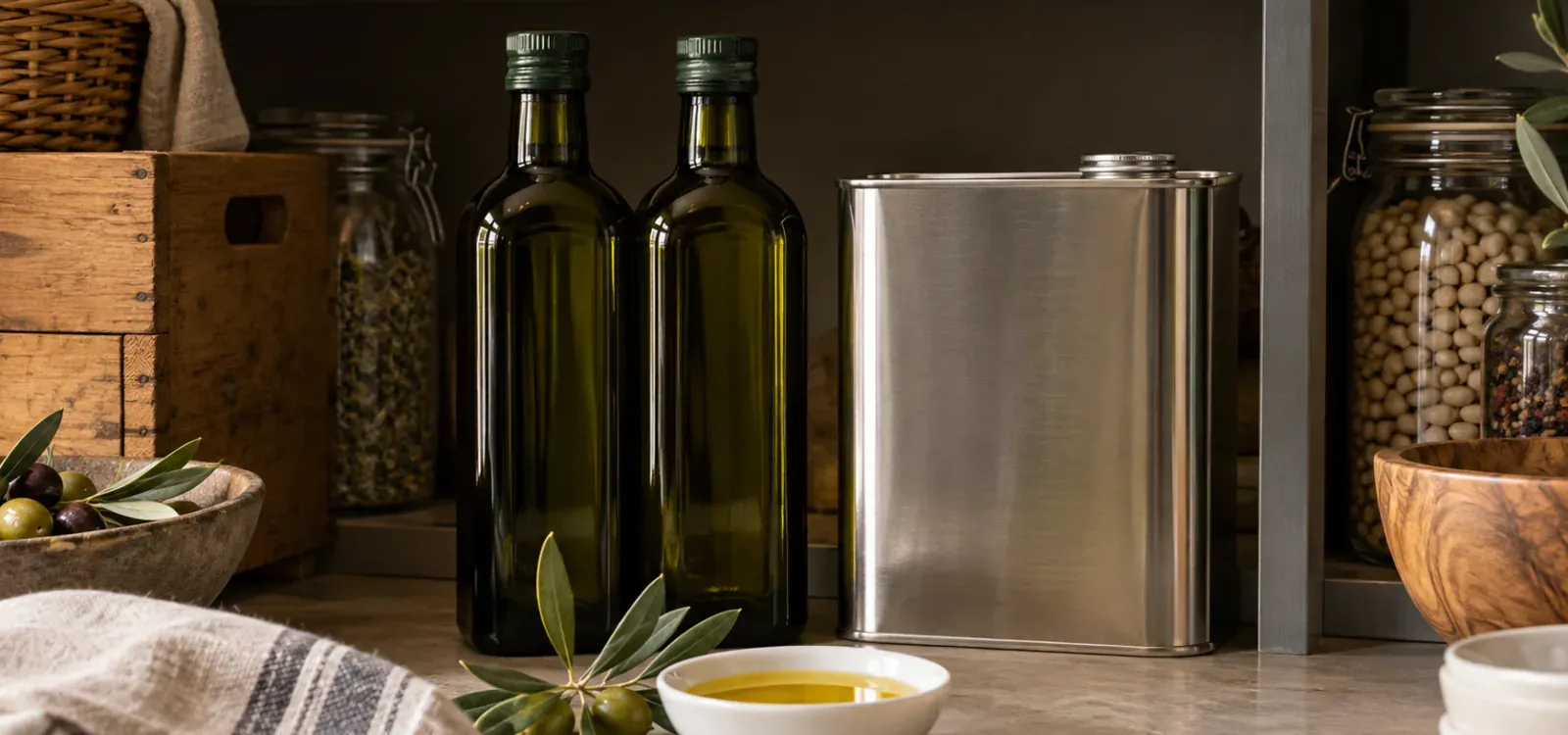 Bottiglie scure di olio extravergine conservate in una dispensa al riparo dalla luce