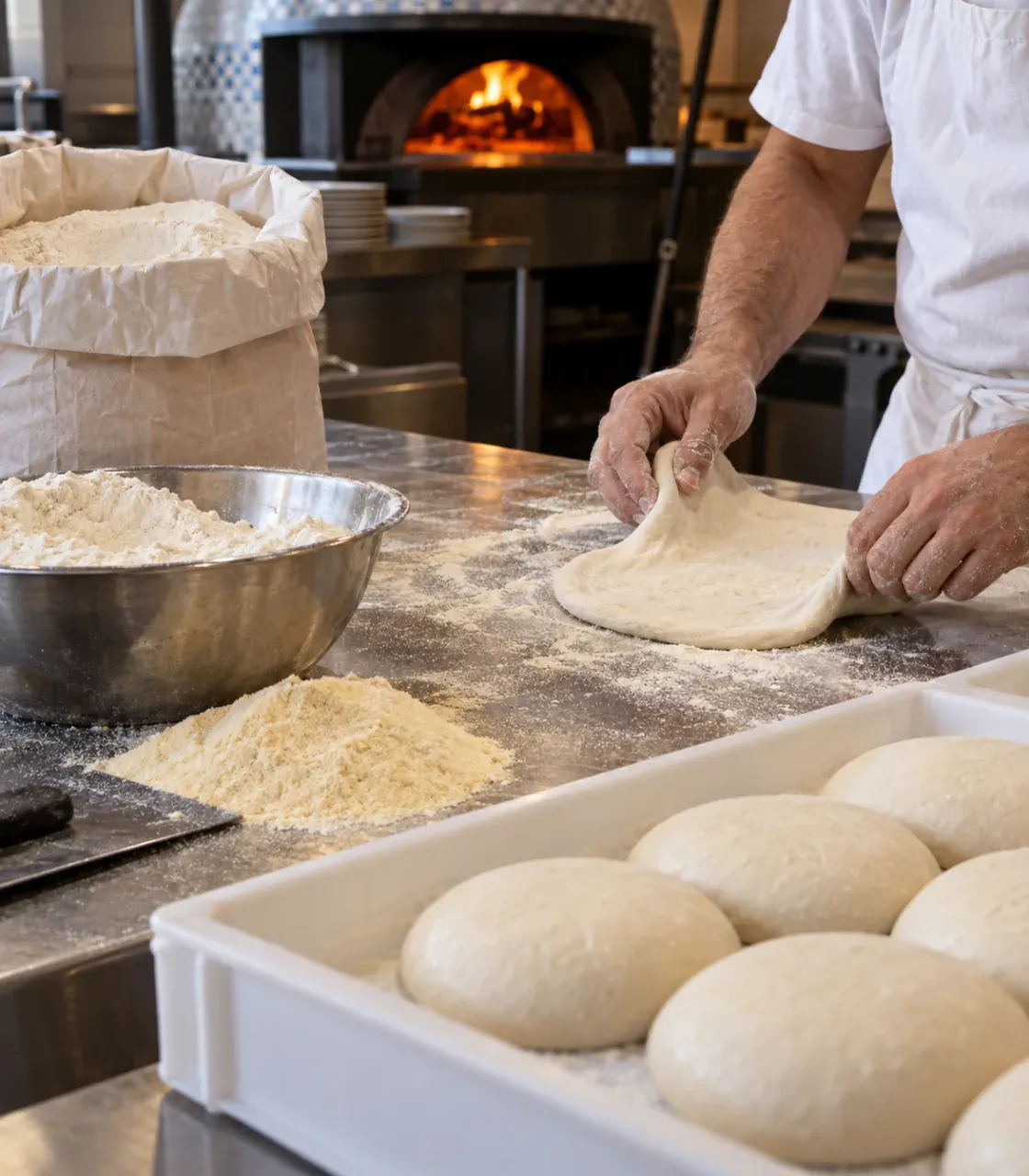 Farina, semola e panetti di impasto sul banco di una pizzeria