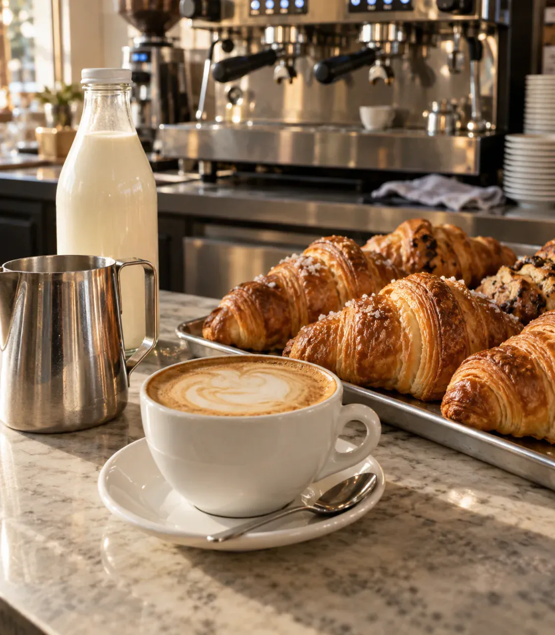 Cappuccino, cornetti e latte al banco di una caffetteria