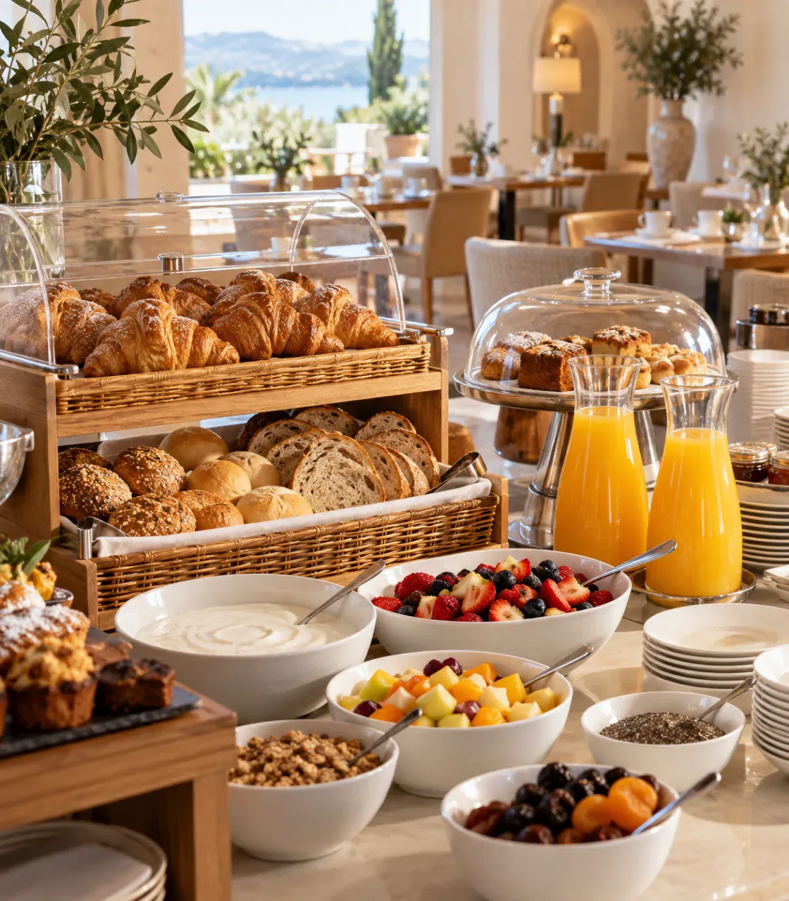 Buffet di hotel con cornetti, pane, yogurt e frutta