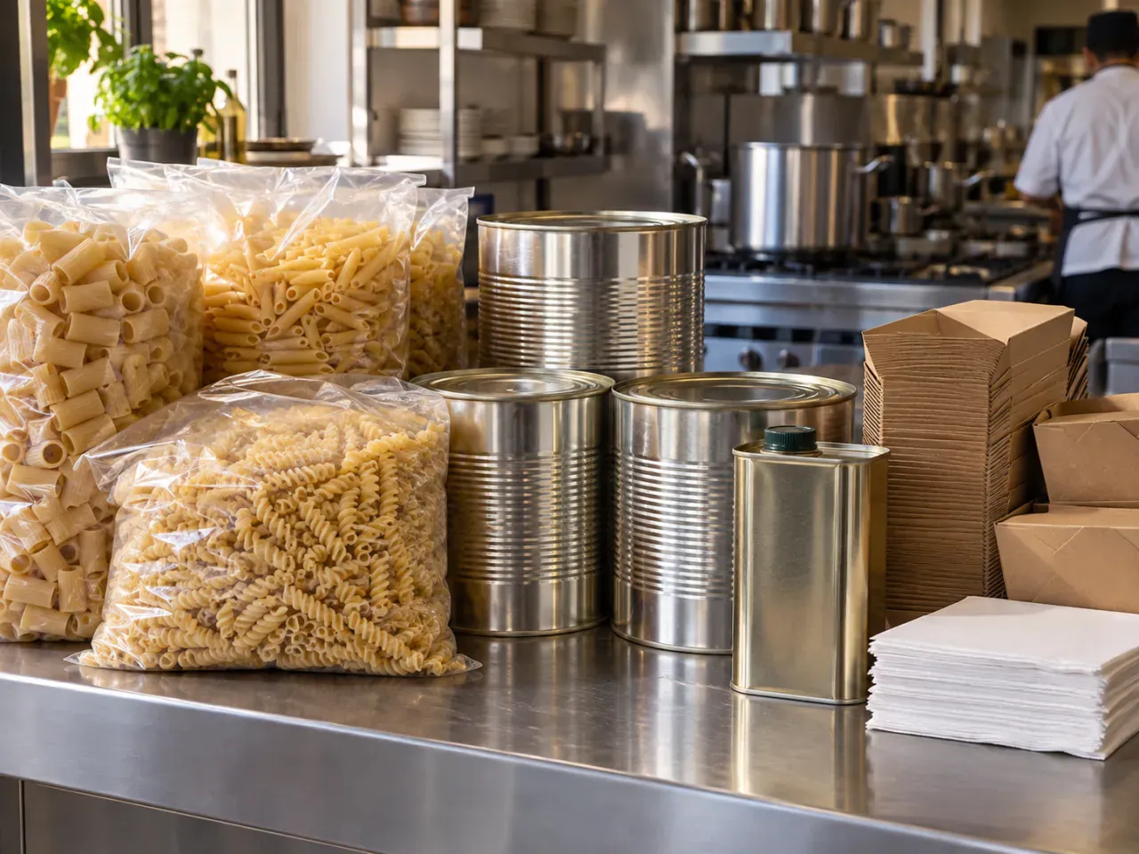 Pasta, conserve e confezioni per asporto organizzate su un banco professionale