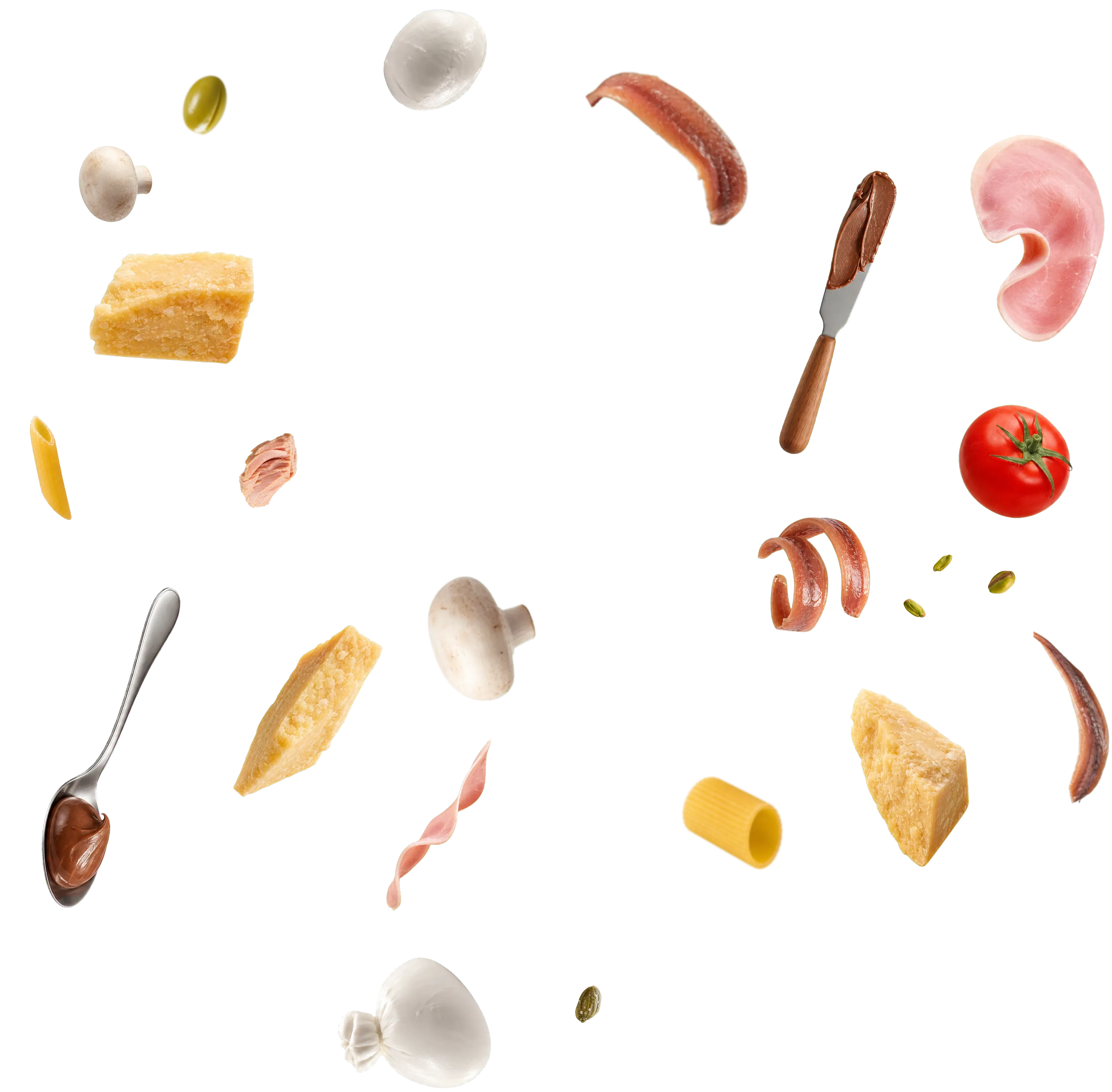 Selezione di prodotti food: pasta, pomodori, olio, formaggi e farina