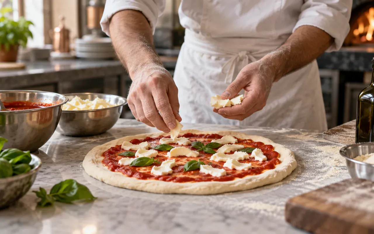 Impasto, pomodoro, mozzarella e olio per una pizza professionale