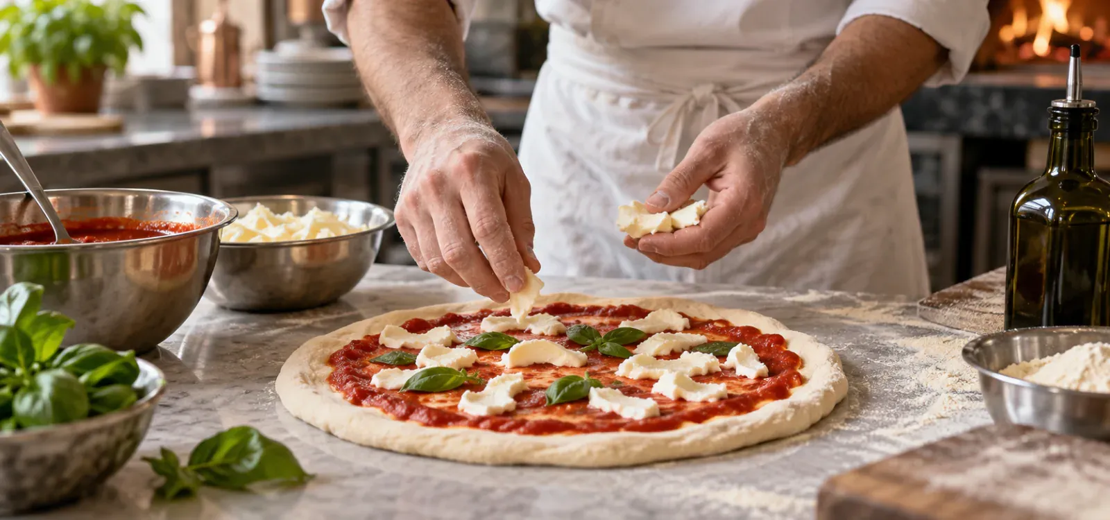 Impasto, pomodoro, mozzarella e olio per una pizza professionale