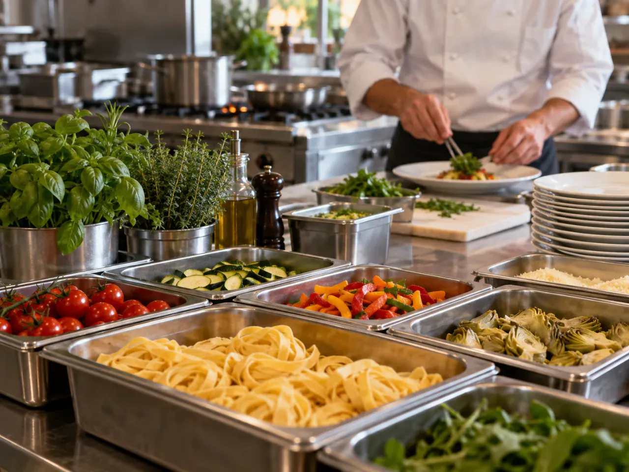Ingredienti e vassoi di preparazione nella cucina di un hotel