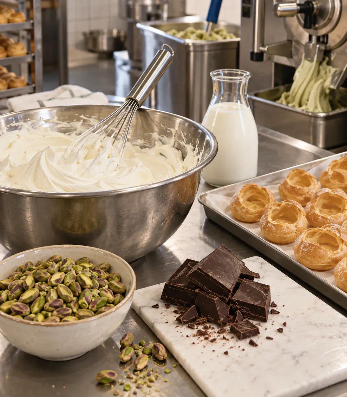 Panna, pistacchi e cioccolato su un banco di pasticceria