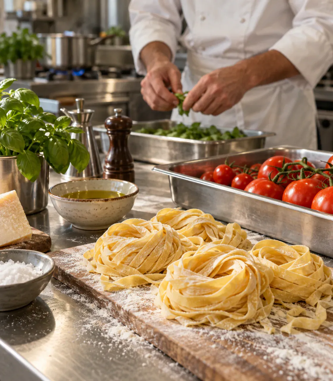 Pasta fresca, pomodori ed erbe aromatiche sul banco di una cucina professionale