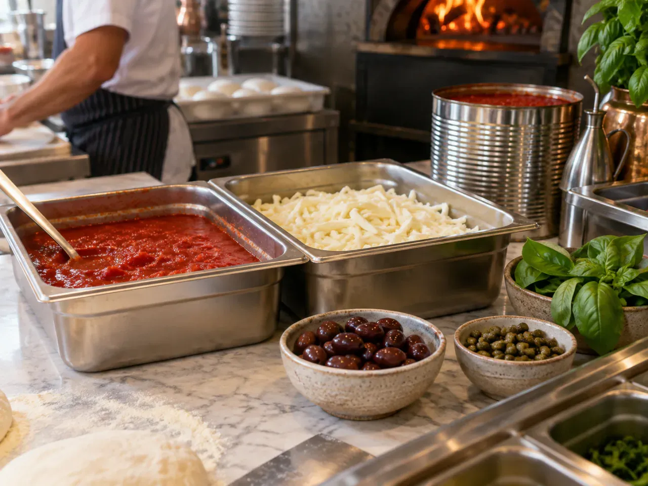 Pomodoro, mozzarella e basilico nella linea di preparazione della pizza