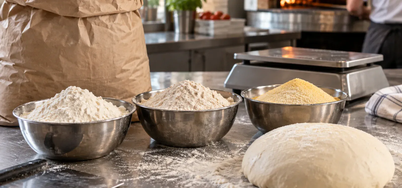 Farine e semole a confronto accanto a un impasto per pizza