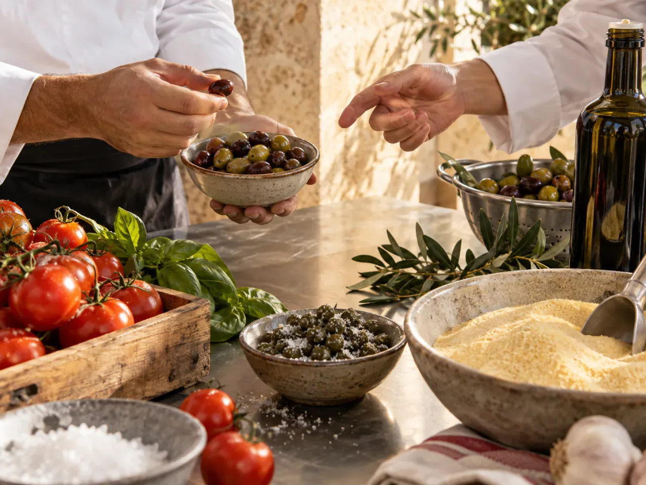 Olive, capperi e pomodori selezionati su un banco professionale